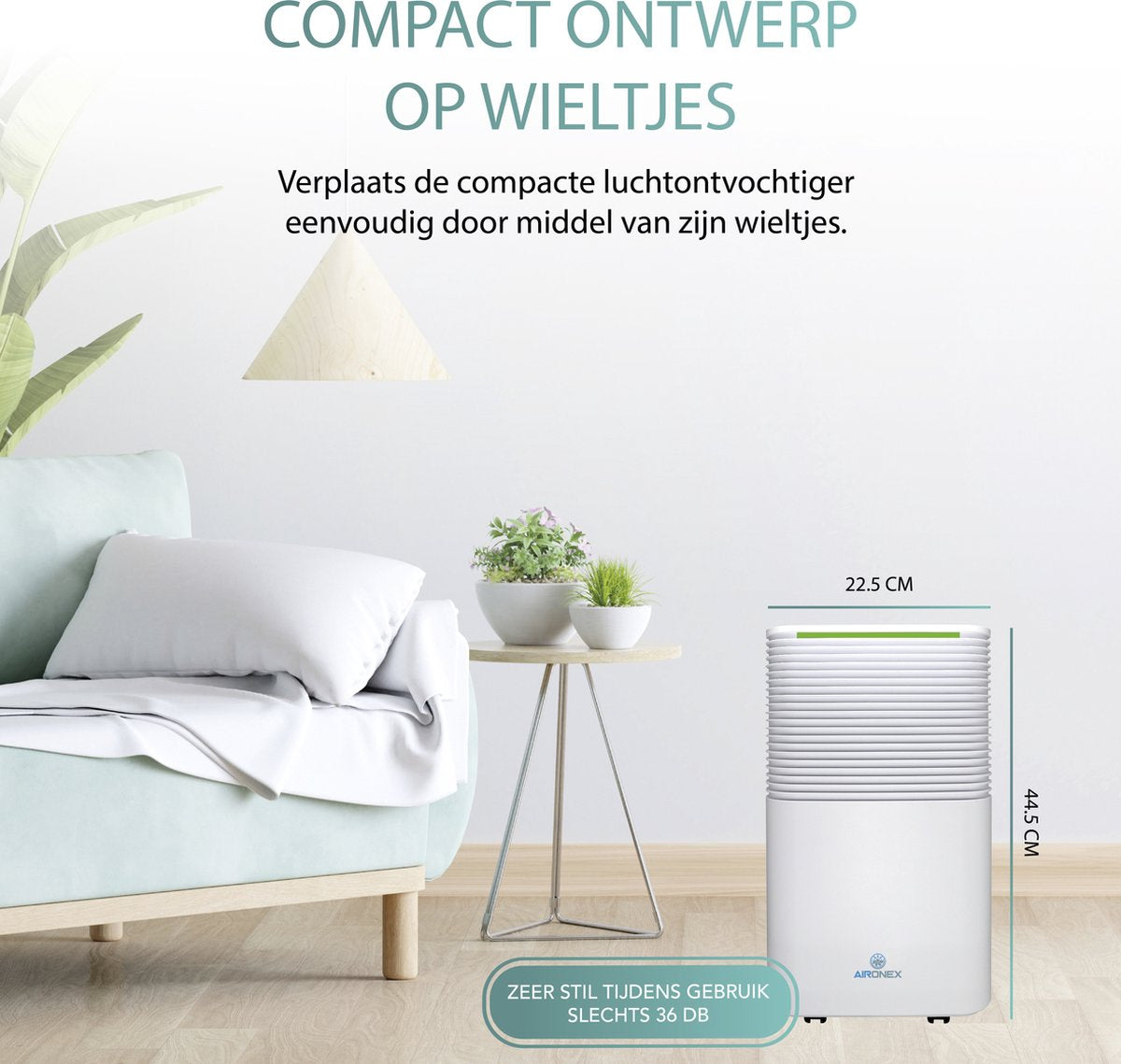 Aironex L012 Luchtontvochtiger - 2L Reservoir - Extreem Stil - 25 x 45 x 22 cm - Wit