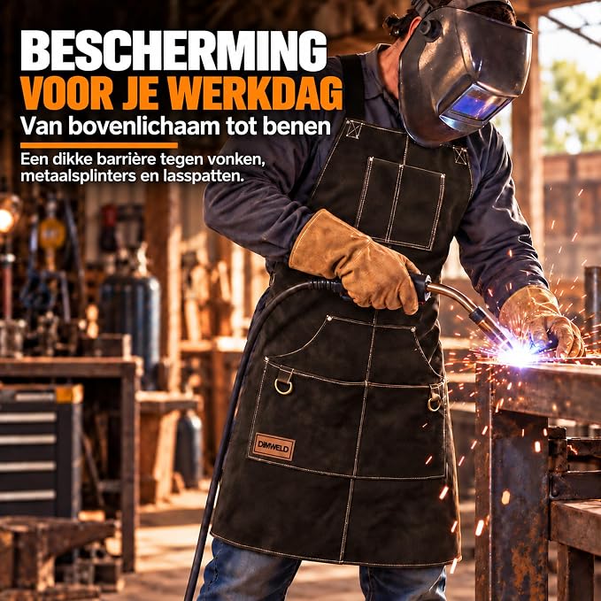DIMWELD Leren Lasschort – 1,4 mm Rundleer – Hitte- & Vonkbestendig – 6 Gereedschapszakken