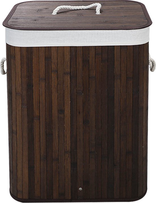Ceruzo Bamboe Wasmand met Deksel - 72L - Bamboe - Binnenzak Wasbaar - Wassorteerder - Handvaten- Bruin