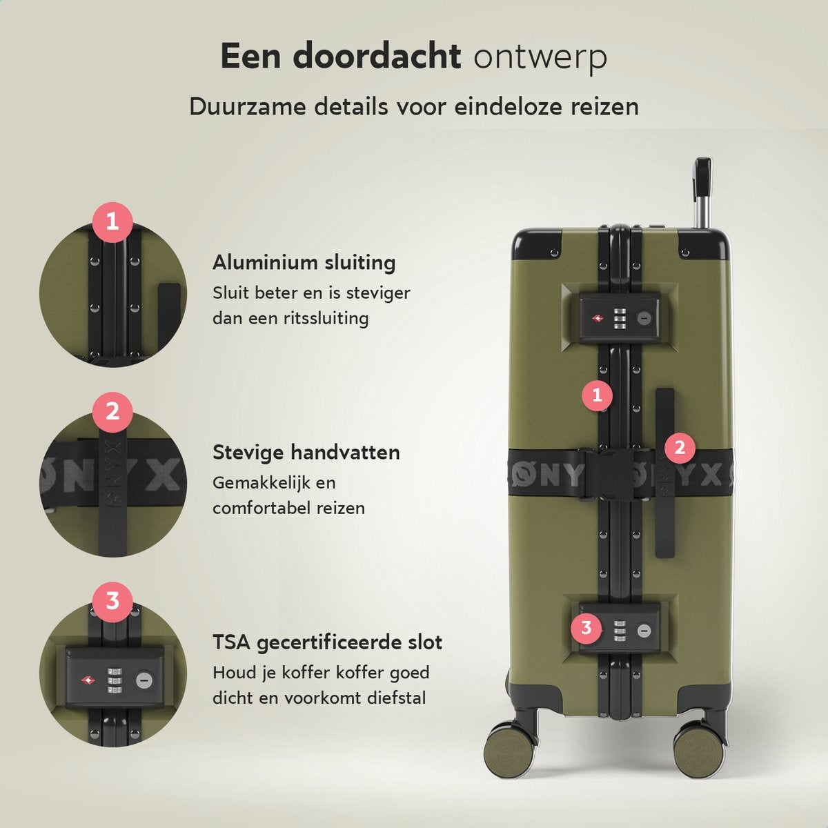 ONYX Check-in Koffer 65L - TSA slot - Olive groen - 58x42x27cm