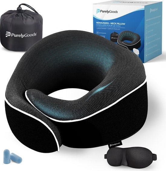 PurelyGoods® Nekkussen - Luxe Reiskussen Set - Traagschuim - Memory Foam - Vliegtuig & Auto - Zwart - Incl. Slaapmasker en Oordopjes