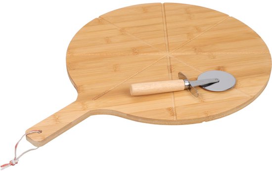 Excellent Houseware Pizza serveerplank met pizzasnijder - bamboe - 38 cm - dubbelzijdig - pizzabord