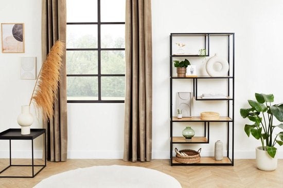LIFA LIVING Open Wandkast - Opbergkast - Boekenkast - Industrieel - Zwart - Hout & Metaal - 82 x 34 x 175 cm