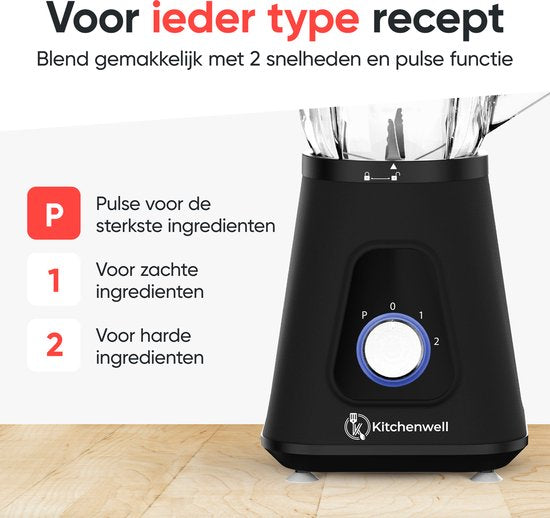 Kitchenwell Blender - Krachtige 1300 Watt Smoothieblender - 1.75 Liter - Glazen Kan - 3 Standen - Inclusief Sportbeker - RVS/Zwart