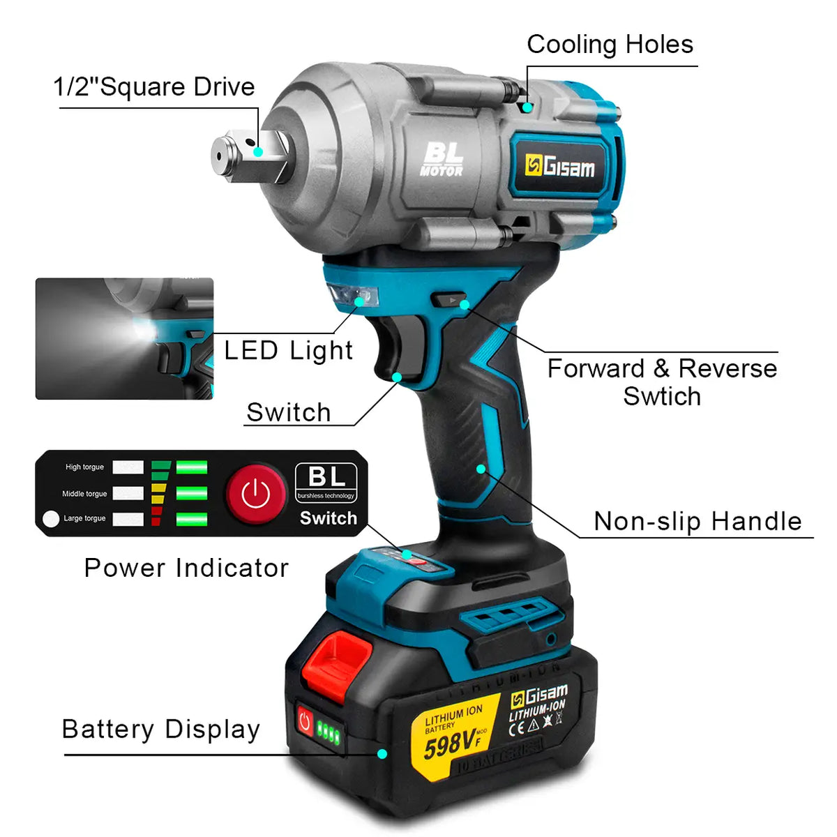 Gisam 2000Nm Slagmoersleutel Brushless Elektrisch - Krachtige Impact Wrench - 2000 Nm