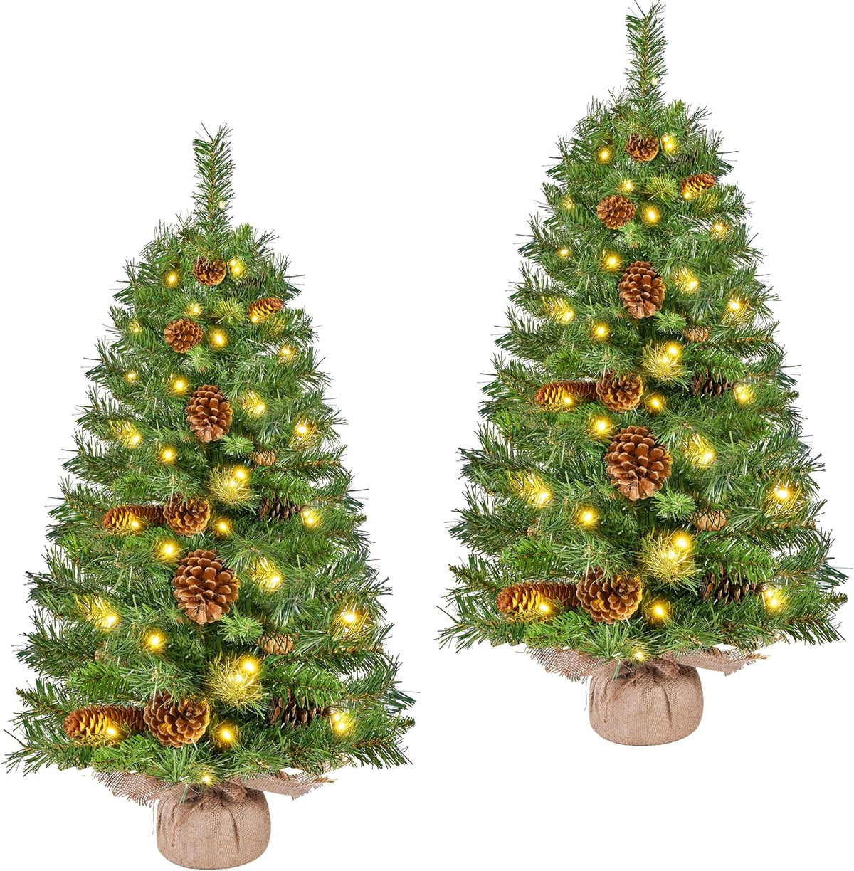 Yaheetech Kunstkerstboom - Set van 2 - 91,5 cm - 50 Warmwitte LED's - Dennenappels - Groen