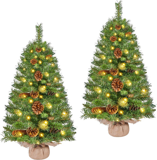 Yaheetech Kunstkerstboom - Set van 2 - 91,5 cm - 50 Warmwitte LED's - Dennenappels - Groen