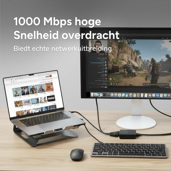 Skoov Internet Splitter 1 in 2 out - Netwerk Switch met 2 Poorten - 1000Mbps - RJ45, Cat5, Cat6, LAN, UTP, Ethernet splitter - Adapter - Zwart