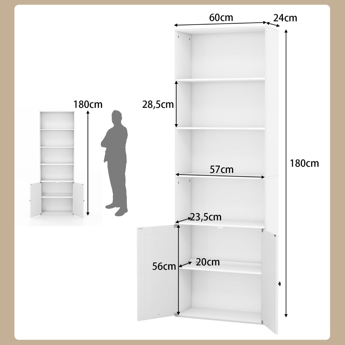 Coast Vrijstaande Boekenkast - 6 Planken - 2-Deurs - 60 x 24 x 180 cm - Wit