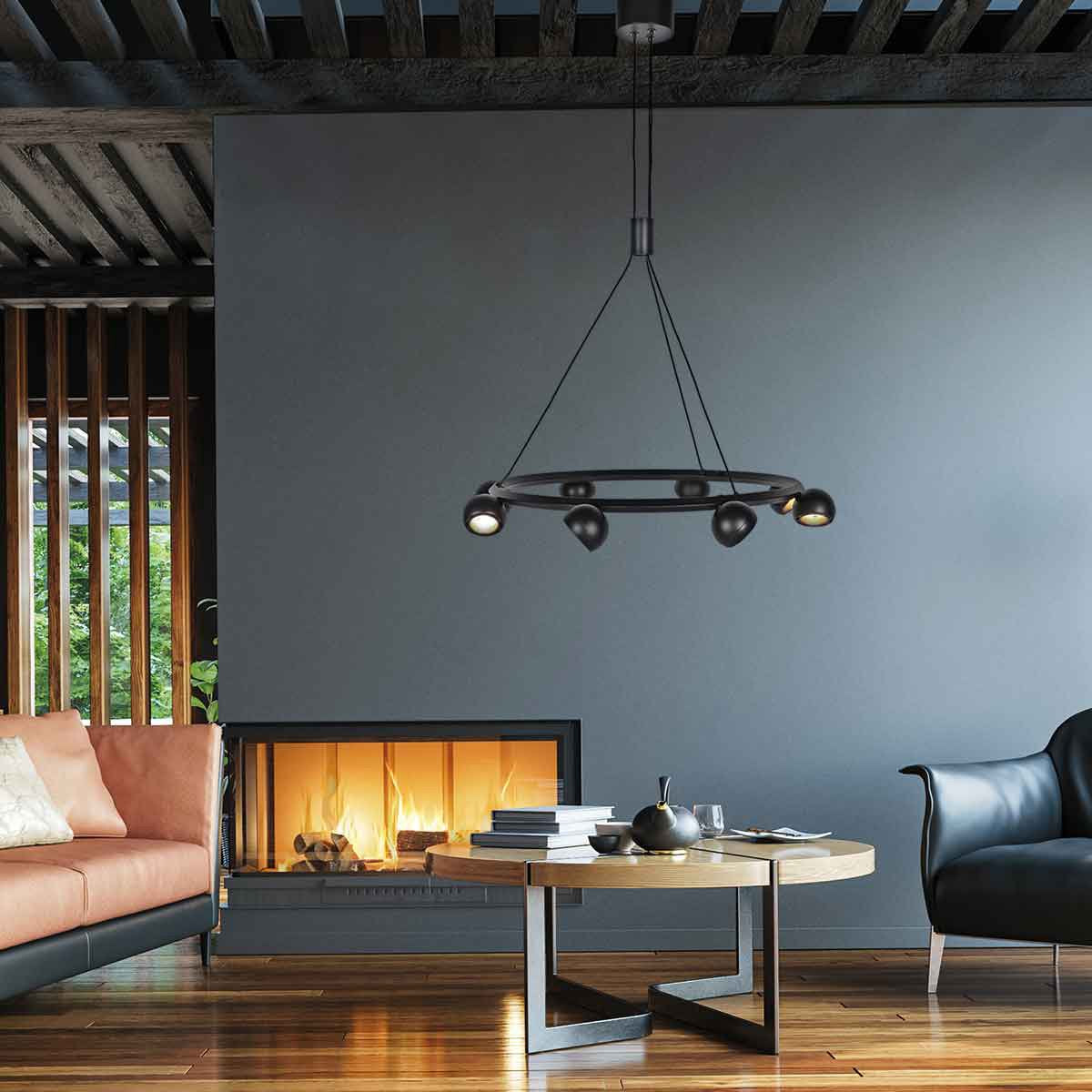 8-lichts zwarte ronde hanglamp Marcadore ø60 cm - Draaibaar, in hoogte verstelbaar, kunststof/metaal - Steinhauer