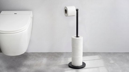 WENKO Toiletrolhouder 2-in-1 zwart staal - Reserverolhouder - Toiletpapier houder vrijstaand- WC Rolhouder staand - Zwart