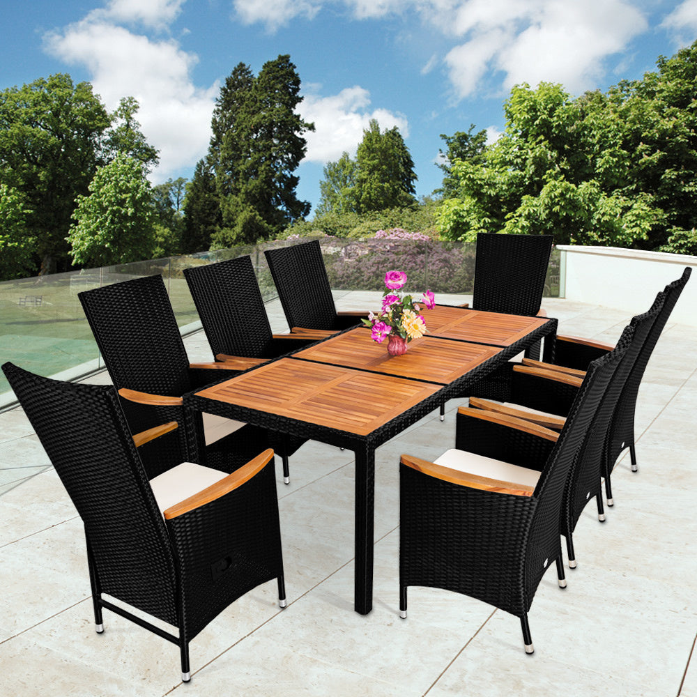 Casaria Polyrattan Tuinset - 8 Stoelen 1Tafel incl. Kussens - Zwart