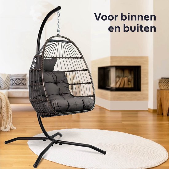 Vita5 Egg Hangstoel – Binnen en Buiten – Cocoon Stoel - met Standaard - tot 150kg – Opvouwbaar - Incl. Kussen – Donkerbruin