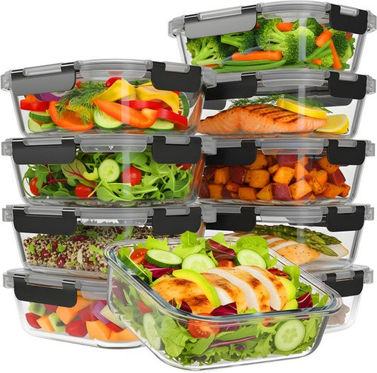 KitchenBrothers Meal Prep Bakjes - Glazen Vershoudbakjes - Luchtdicht - BPA en PFAS Vrij - 1L - Glas - 10 Stuks
