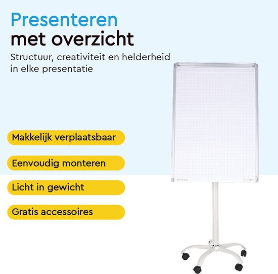 BRASQ Flipover Verrijdbaar - 70x100 cm - Verstelbaar Whiteboard - Inclusief 25 vellen papier, 4 stiften, 8 magneten, wisser - Flipover met papierklem en haken - Magnetisch bord - Magneetbord - Wit