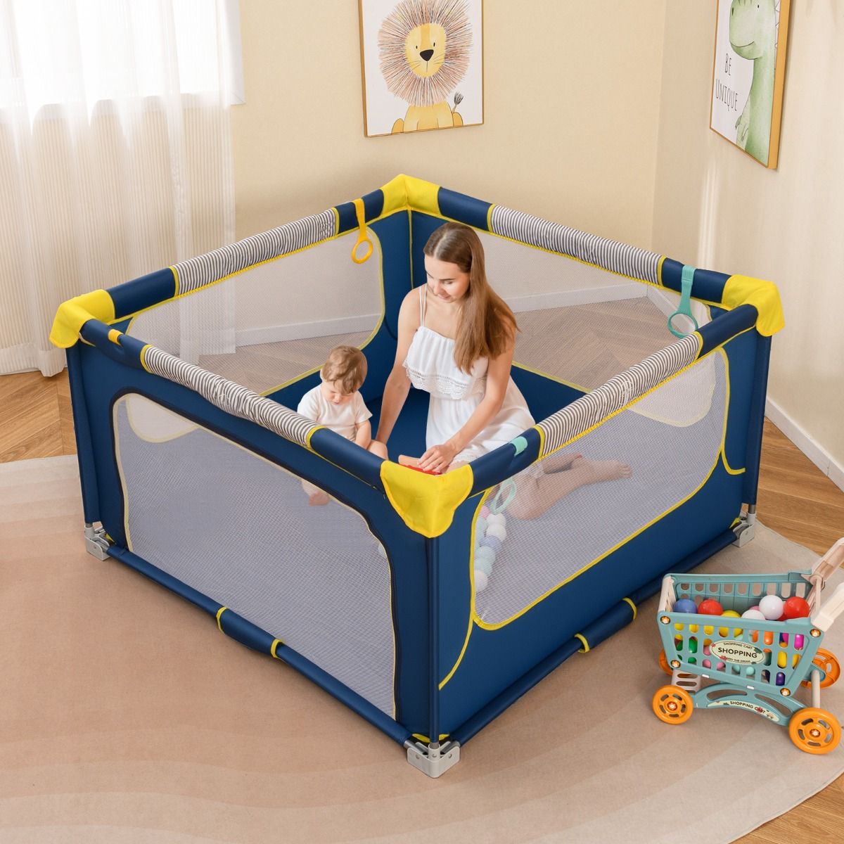 Coast Opvouwbaar Babylooprek 127 x 127 x 72,5 cm - 50 Ballen & 4 Trekringen - Ritsdeur - Blauw