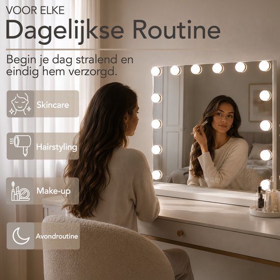 Lumirex Hollywood Spiegel 58x46 cm - Make-up Spiegel met Verlichting - 15 LED Lampen - Dimbaar - 3 Lichtkleuren - Smart Touch - Netstroom - Visagie Spiegel - Wit