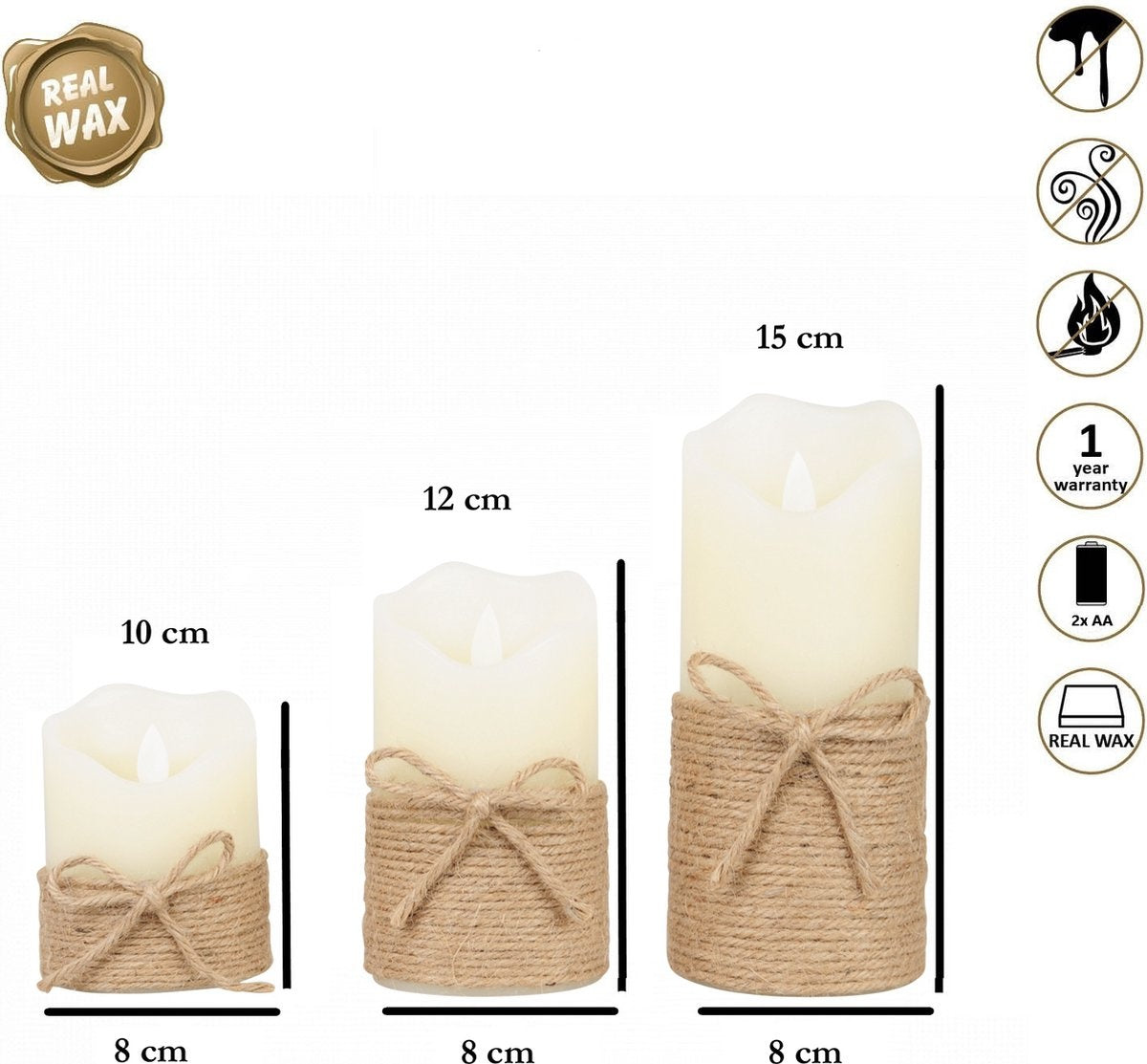 O'DADDY® LED Kaarsen Met Bewegende Vlam – Set 3 maten 10+12.5+15cm 8d - Met Timer en Dimfunctie - LED Kaarsen Met Afstandsbediening - Rope