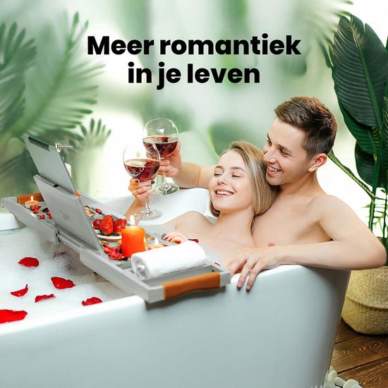 RelaxTub® Badplank - Badplank voor in Bad - Badrek - Verstelbaar - Anti Slip - Badplank Grijs - Badplank Hout - Badrekje inclusief Boekenhouder, Tablethouder & Spiegel