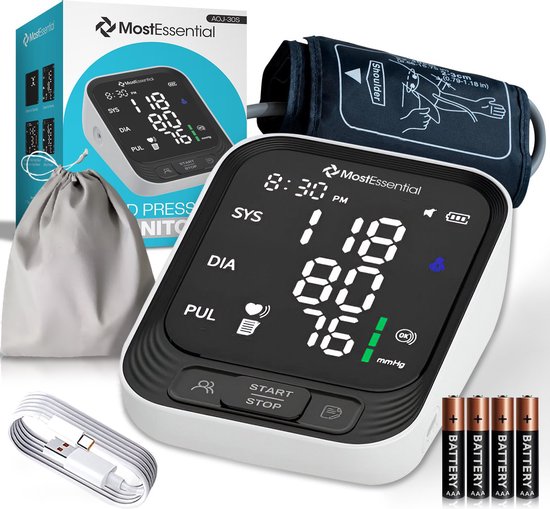 MostEssential Premium Bloeddrukmeter Bovenarm - Hartslagmeter - 398 Metingen Geheugen - Inclusief USB-C Kabel - 30S