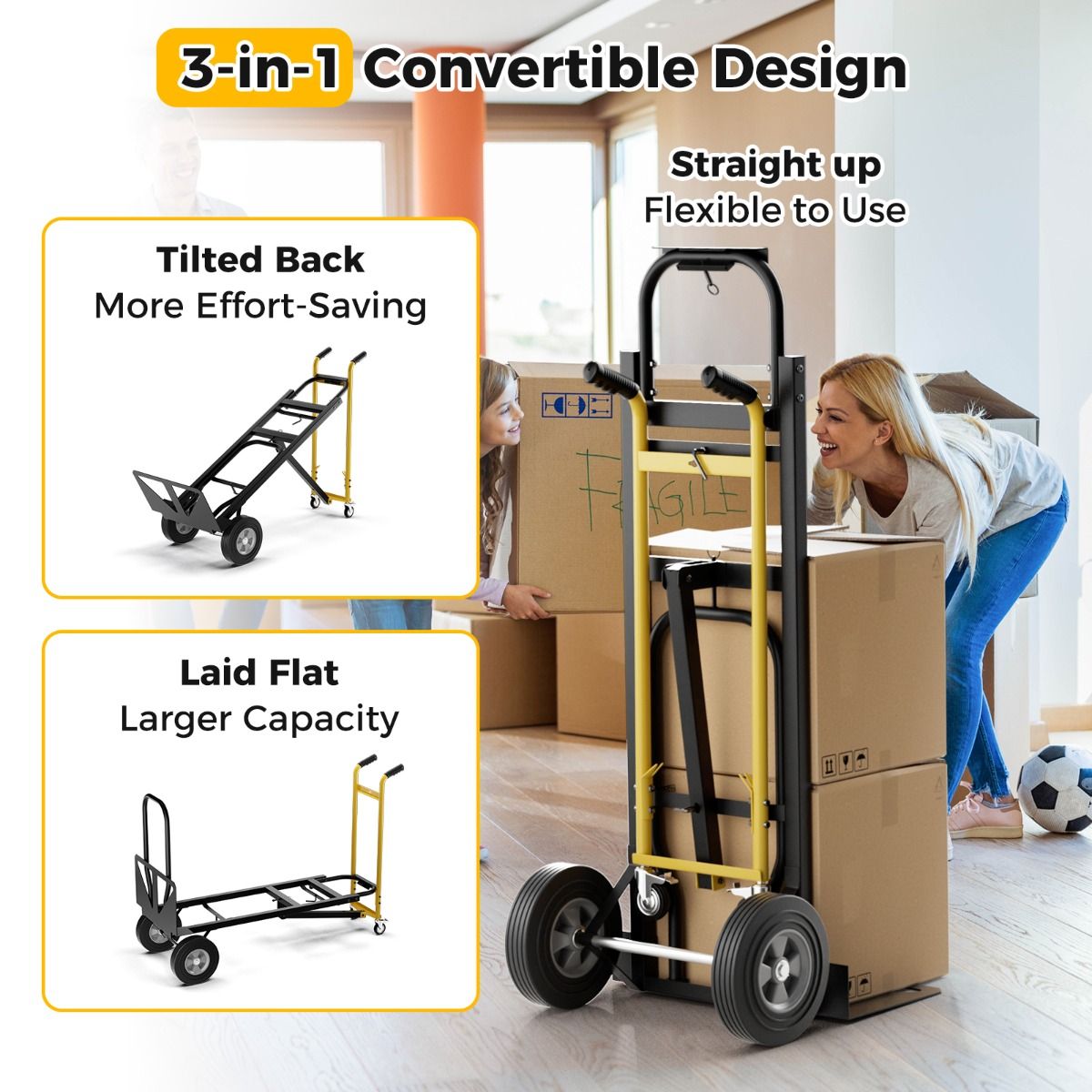 Coast Opvouwbare Transportwagen - 3-in-1 steekwagen - 4 rubberen wielen - 450 kg draagvermogen - zwart/geel