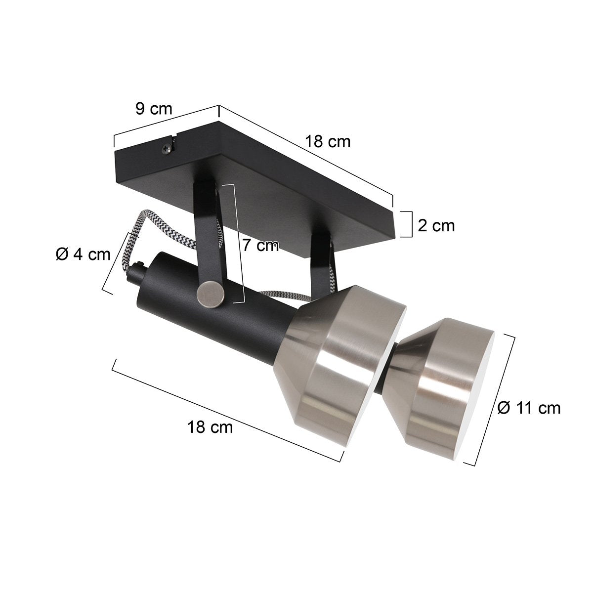 Spot plafondlamp Acier 3338ZW Zwart 2 x E27 fitting, Draaibaar en kantelbaar, Kunststof en Metaal, Modern, Mexlite