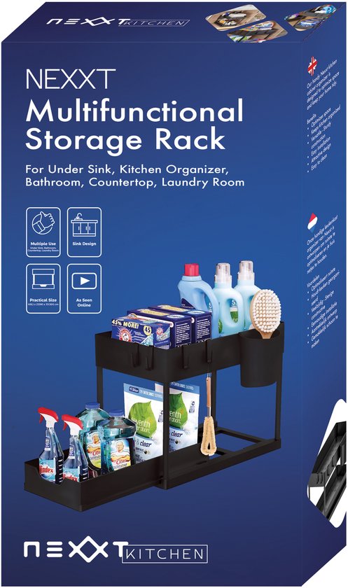 Nexxt Keukenkast Organizer - 2 Lagen – Rek met Uitschuifbare Lade - Inclusief Haakjes en Bakjes – Gootsteen Organizer - Zwart