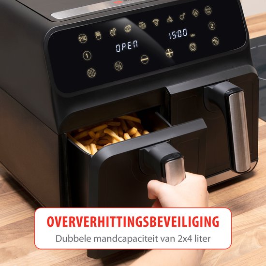 alpina Dubbele Airfryer XL 8L - Heteluchtfriteuse voor 4 tot 8 Personen - Inhoud 2x4L - Digitaal Display - Air Fryer 1700 W - Sync Finish Functie - Zwart
