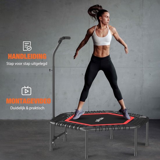 DH FitLife Fitness Indoor Trampoline | Ø114cm 45 inch Mini Trampoline voor Cross Jumping | Draagvermogen 150 KG | Met 3 verstelbare handgreepstanden | Stabie