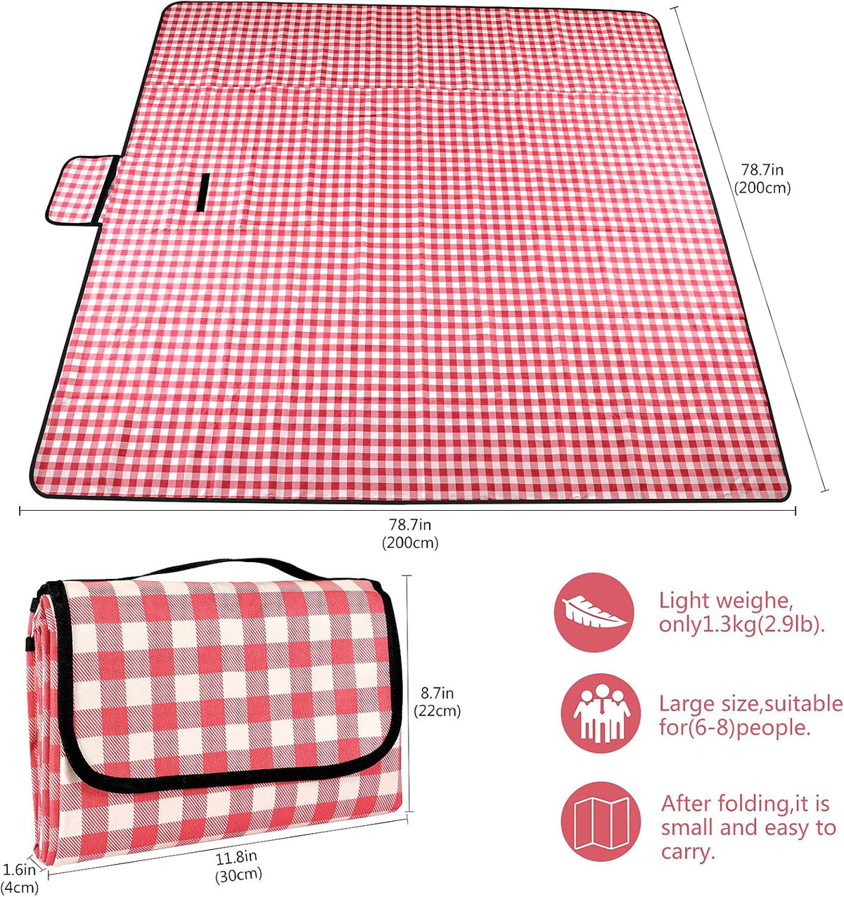 GUSUWU Picknickdeken – Waterdicht en Opvouwbaar – Rood Geruit – 200 x 200 cm