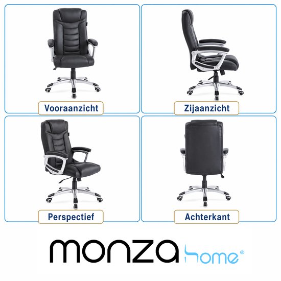 Monza Home® Bureaustoel Zwart – Ergonomische Bureau Stoel – PU Leder – Verstelbaar – 150kg Draagvermogen – Luxe Directiestoel