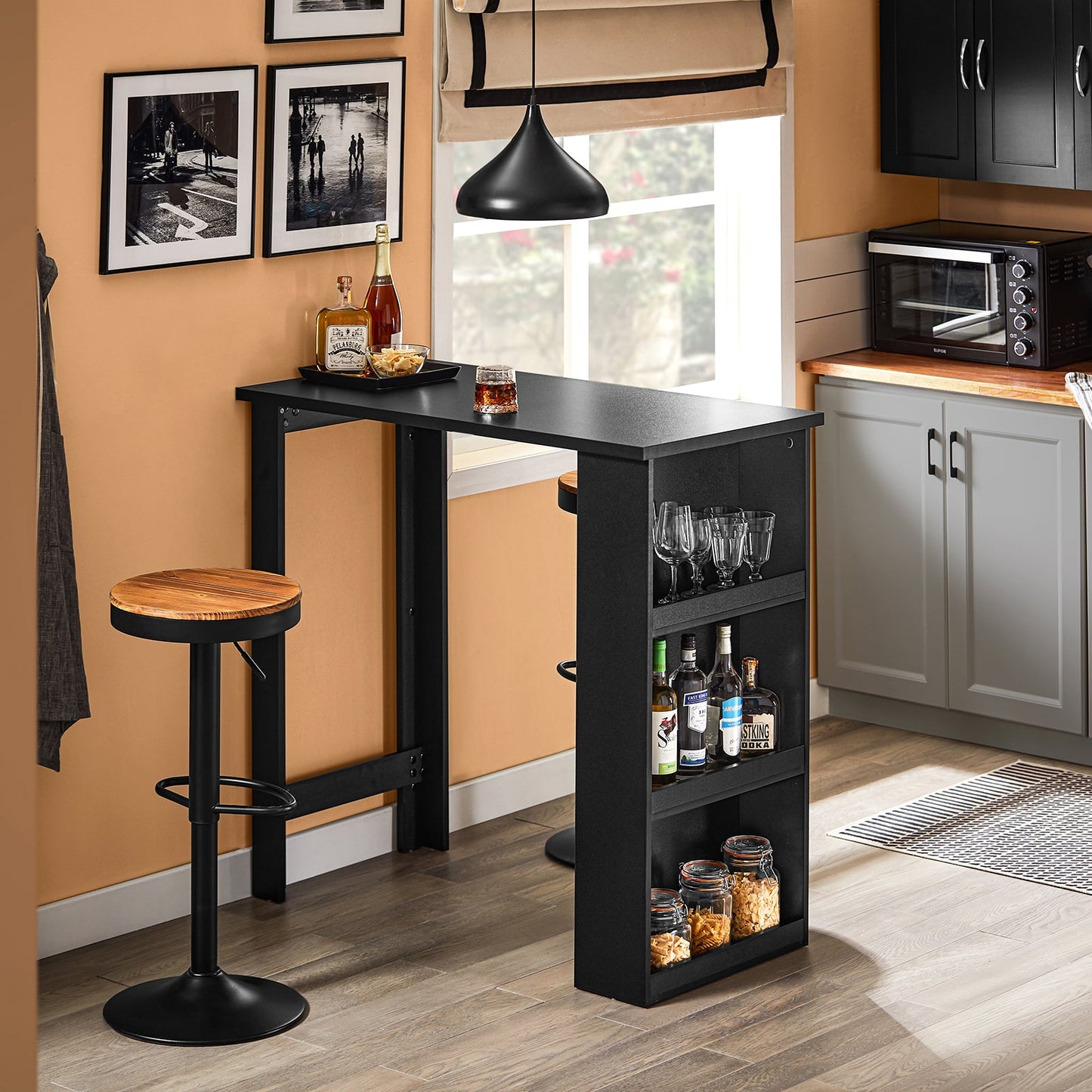 SoBuy FWT17-II-SCH Hoge Keukentafel – Staande Bartafel met Opbergrekken voor Kleine Ruimtes – Zwart – 112 x 57 x 106 cm
