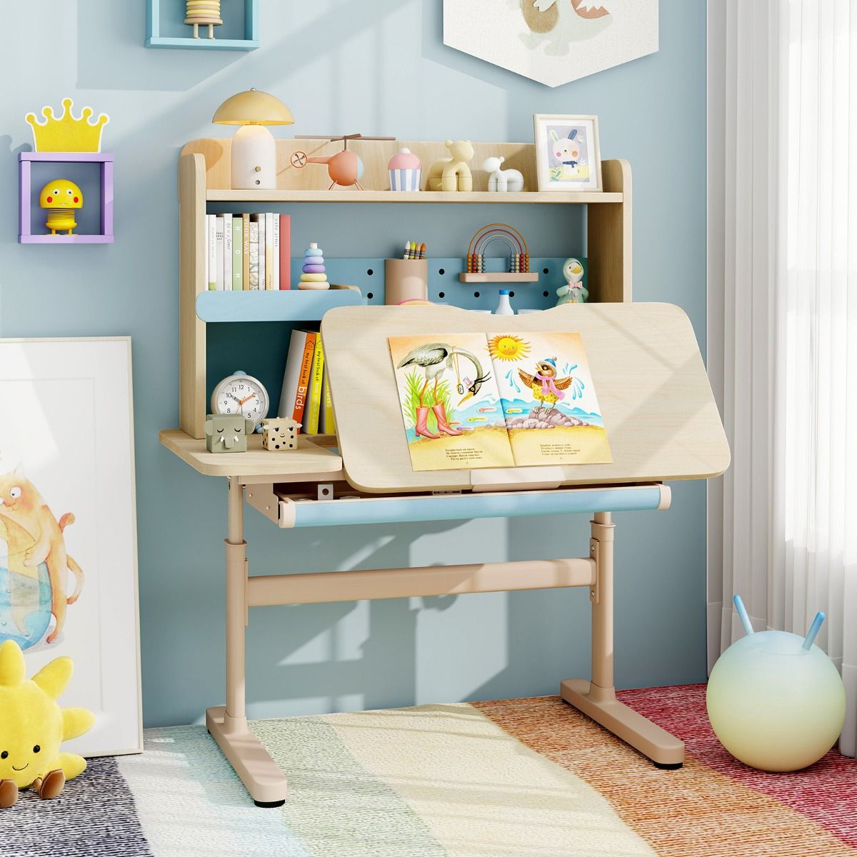 coast Kindertafel - Hoogte Verstelbaar 52-74 cm - Kantelbaar Bureaublad 0°-60° - Lade & Rek - Blauw - 100 x 60 x 111-135 cm