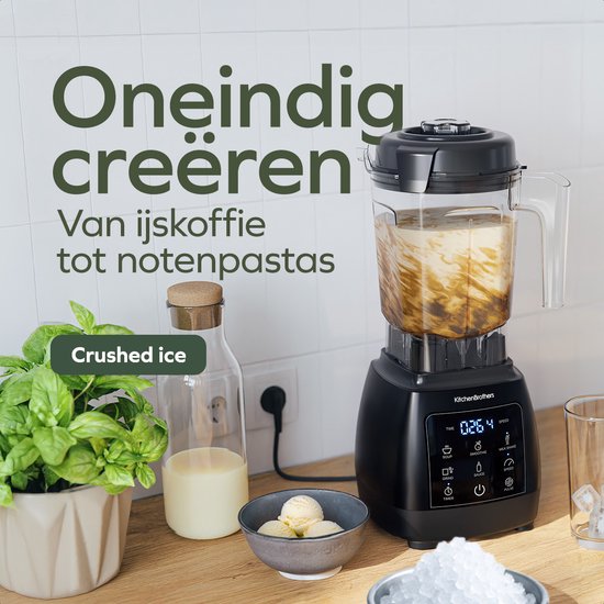 KitchenBrothers 2-in-1 Power Blender - 1600W - BPA-vrij - 2L - Complete Set met Hakmolen en To-go Beker - Smoothie Maker - IJscrusher - Zwart