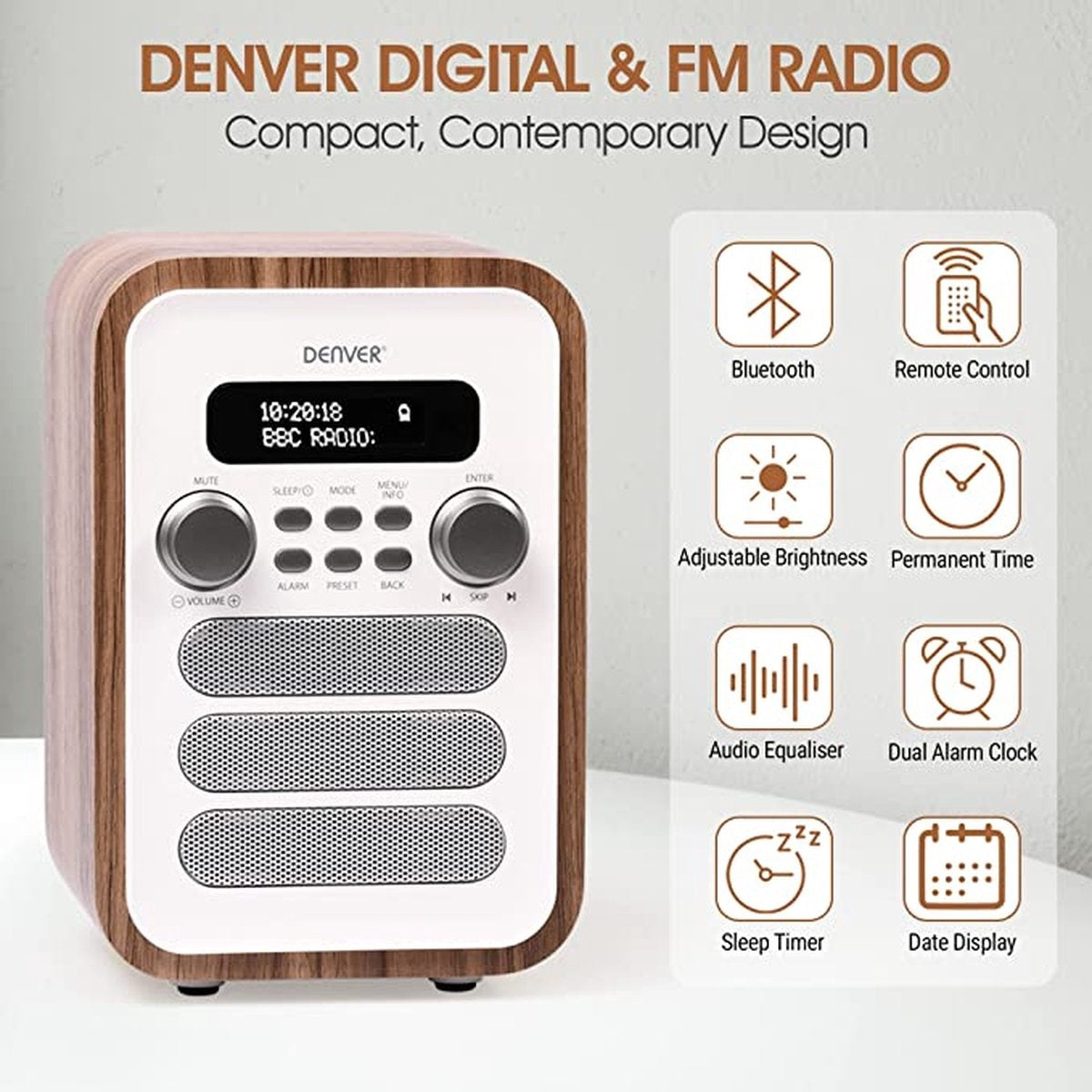Denver DAB48W DAB+/FM Retro Radio – Bluetooth – 25W – LCD Display – 80 Voorkeurszenders – Wekker & Slaaptimer – Inclusief Afstandsbediening