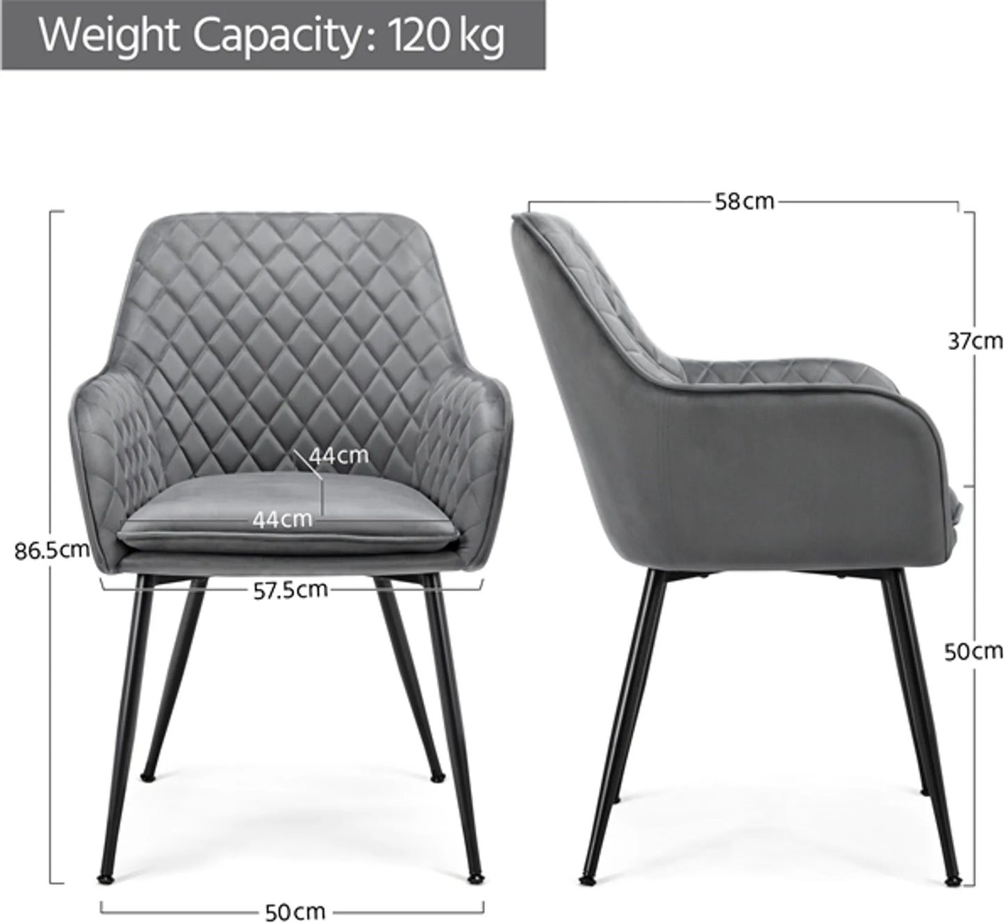 Yaheetech Eetkamerstoelen Set van 2 - Lichtgrijs - Fluweel - Met Armleuningen - 120 kg - 57,5 x 58 x 86,5 cm