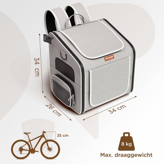 Trevopet® Hondenfietsmand - 4-in-1 Fietsmand Hond, Draagtas, Rugzak & Autostoel - Geschikt voor Elektrische Fiets - Voor Honden tot 8 kg - Grijs