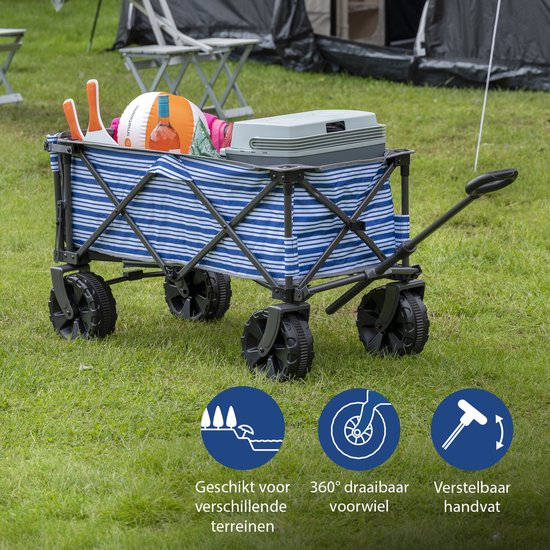 Tristar Bolderkar met laadklep 70kg draagvermogen - 94x49x58 cm - Opvouwbare Bolderwagen strand, festival, camping, tuin, dagje uit - Stevig Harmonicaframe - Beach Trolley, Strandkar, Transportkar, Trekwagen - Inclusief Opbergtas - HC-0422 - Blauw