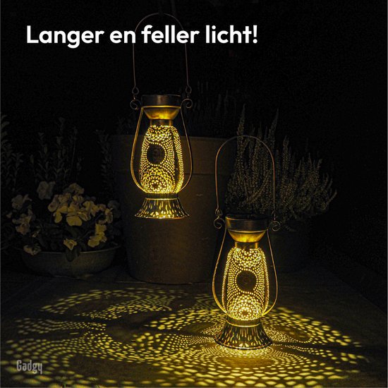 Gadgy Solar Tafellamp Petroleum - Olielamp Tuinlantaarn Set van 2 - Solar Tuinverlichting op Zonneenergie - Led Buitenverlichting met dag/nacht Sensor - Hanglamp - 21 x Ø11.5 cm - Metaal