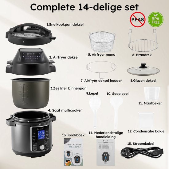 Multicooker met Airfryer - 15-Delige Set - 6L - 24 Automatische Programma's - Slowcooker, Rijstkoker, Stomer, Snelkookpan - Grijs - van Saaf