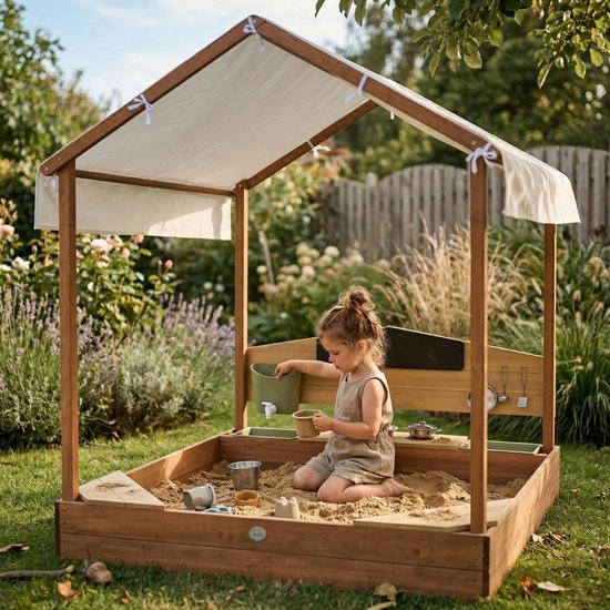 AXI Meli Zandbak & Speelhuisje 120 x 120 cm met Speelkeuken – Bruin - Met Dak – FSC hout – Met Krijtbord, Watertank en 6-delig Speelgoed Kookset – Met 2 Bankjes - Inclusief gronddoek – 10 jaar garantie