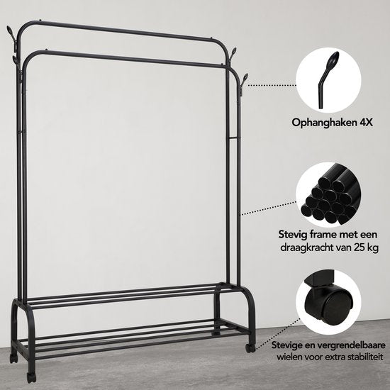 Brixy Kledingrek - Kledingrek Dubbel - Garderoberek Op Wieltjes - Kledingrek Met Schoenenrek - 98 x 34 x 159 cm - Zwart