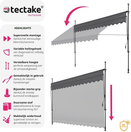 tectake - klemluifel - Zonnescherm – Zonneluifel - Verstelbaar - Klem-zonwering - Zonnescherm Balkon - 350 x 180 cm - zwartgrijs – zonwering - 404968