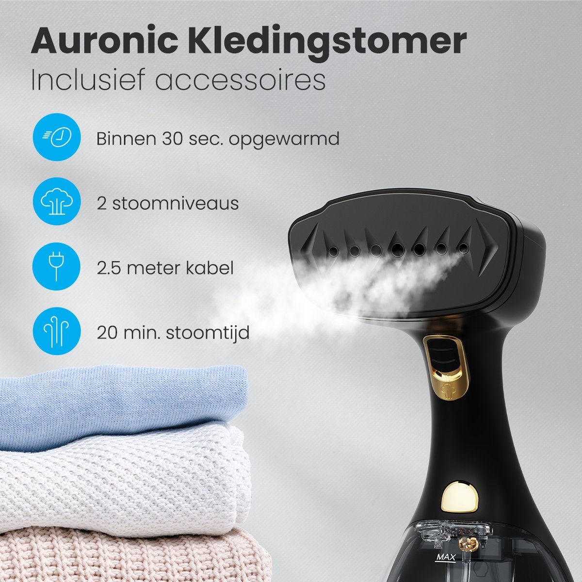 Auronic - Kledingstomer –  Incl. 2 Opzetstukken – 300ml - 1500 W – 17,8 x 10,2 x 25,4 cm – Zwart