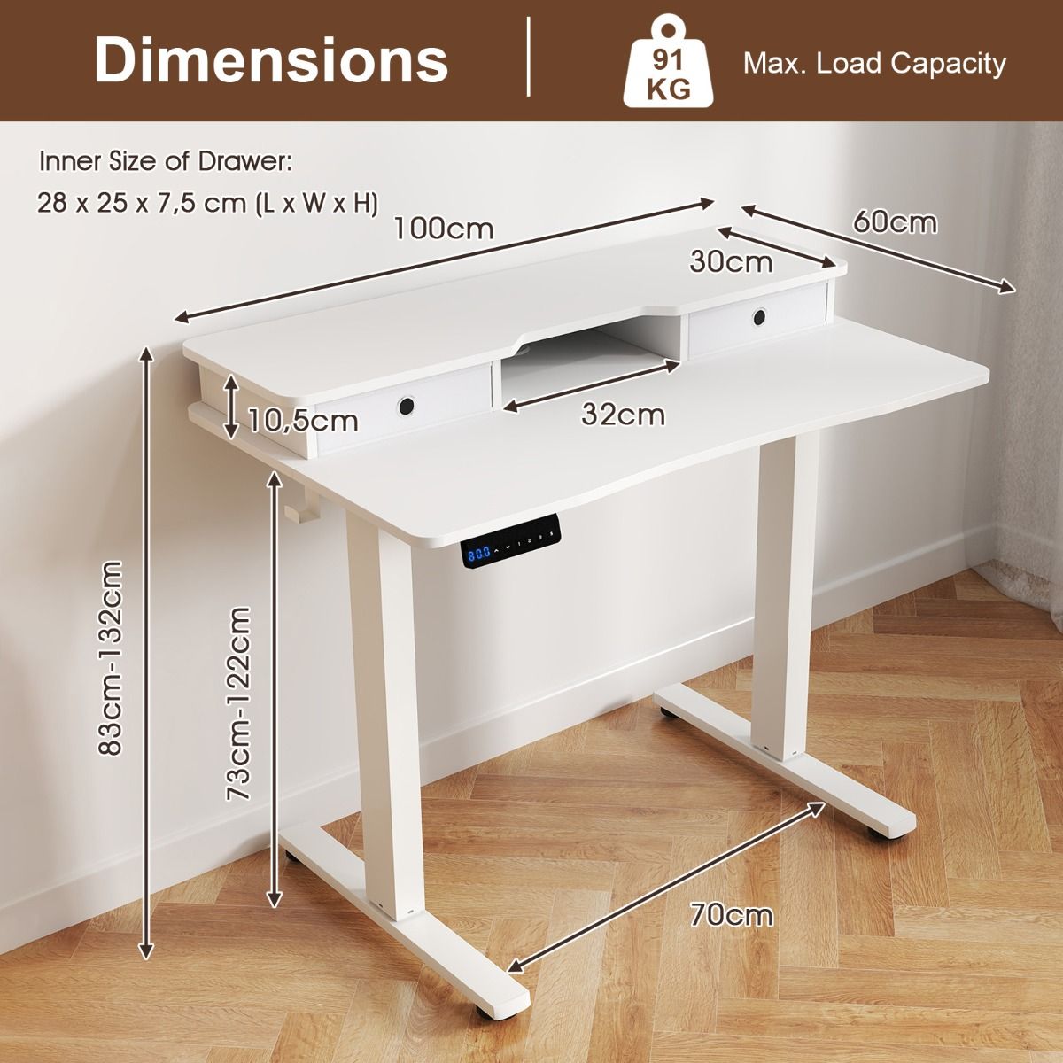 Coast Elektrisch Zit-Stabureau - In hoogte verstelbaar - Met monitorstandaard en lades - Wit 100 x 60 cm