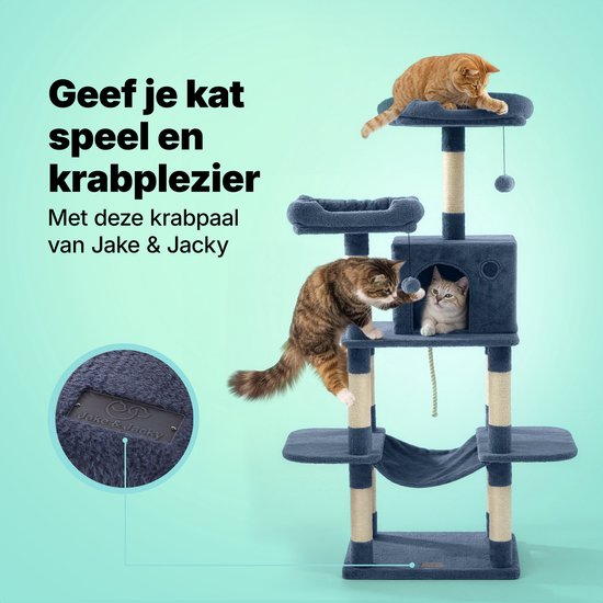 Jake en Jacky Krabpaal voor Katten - Kattenkrabpaal - Krabmeubel - Kattenboom - Krabpalen - Kattenhuis - Donkergrijs - 147 cm Hoog