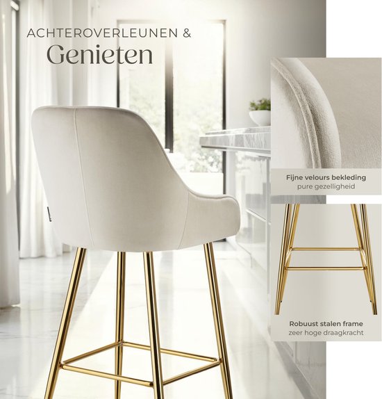 tectake® - Set van 2 Barkrukken Avane - Gestoffeerde Barkruk met rugleuning - Barstoelen - Ergonomische Barstoel met voetensteun - Eetkamerstoel met fluweellook bekleding - Stevige stalen poten met antislip vloerbescherming - Crème/Goud