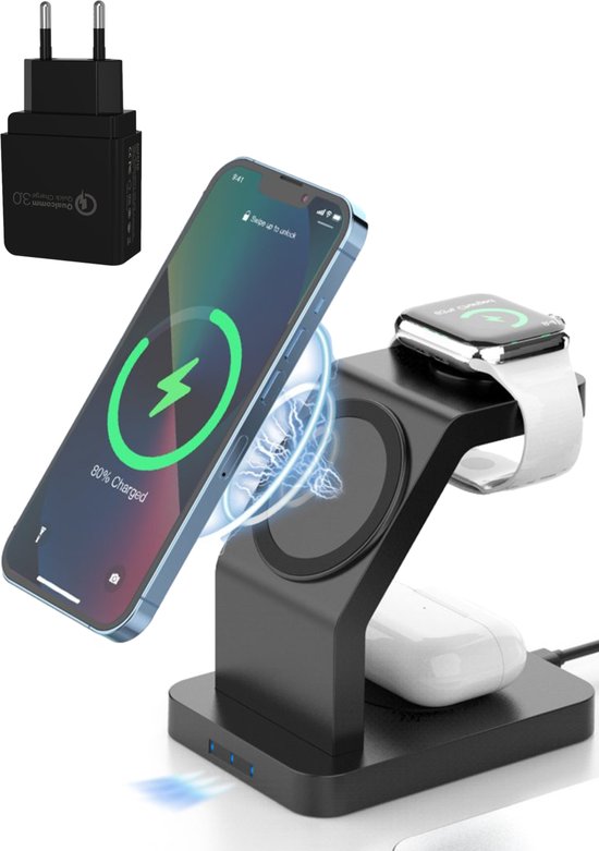iSETCHI – Draadloze Qi & Magsafe Oplader 3-in-1 – 15 Watt – Zwart Kunststof – Inclusief QC 3.0 Adapter – Voor iPhone, Apple Watch & Airpods – Georganiseerde Werkplek