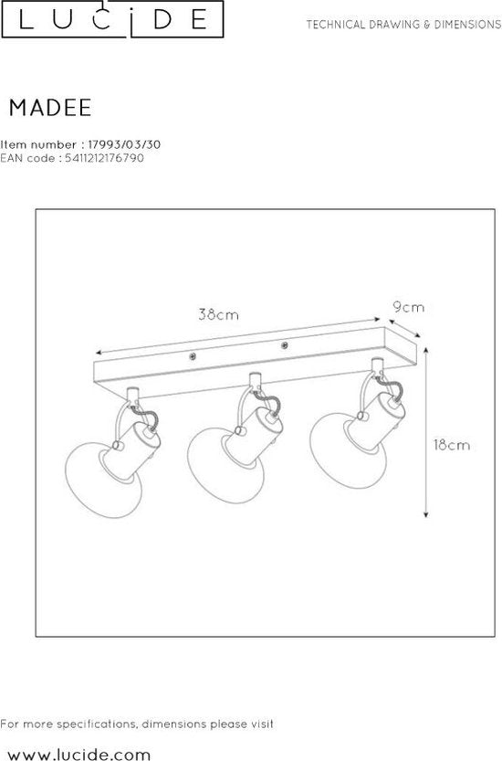 Lucide MADEE - Plafondspot (Plafondlamp) - 3xE14 - Zwart