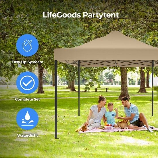 LifeGoods Partytent - Paviljoen - EasyUp - Opvouwbaar - Waterdicht - Met Draagtas met wieltjes - 440 x 297 cm - Beige